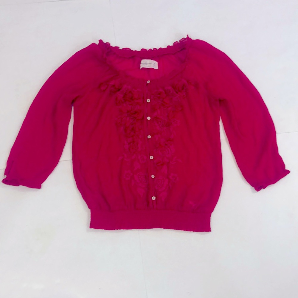 Abercrombie & Fitch M Top Pink Fuchsia Sheer Button Embroidered Ruffle Excellent